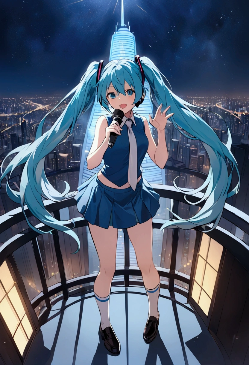 (Hatsune Miku,Light blue hair,Twin tails,No sleeve,tie,mini skirt,socks),((Blue is the predominant color)),(Future city at night,Night view),(Cool pose,Standing at the top of the tower,Cool look,singing,Holding a microphone)