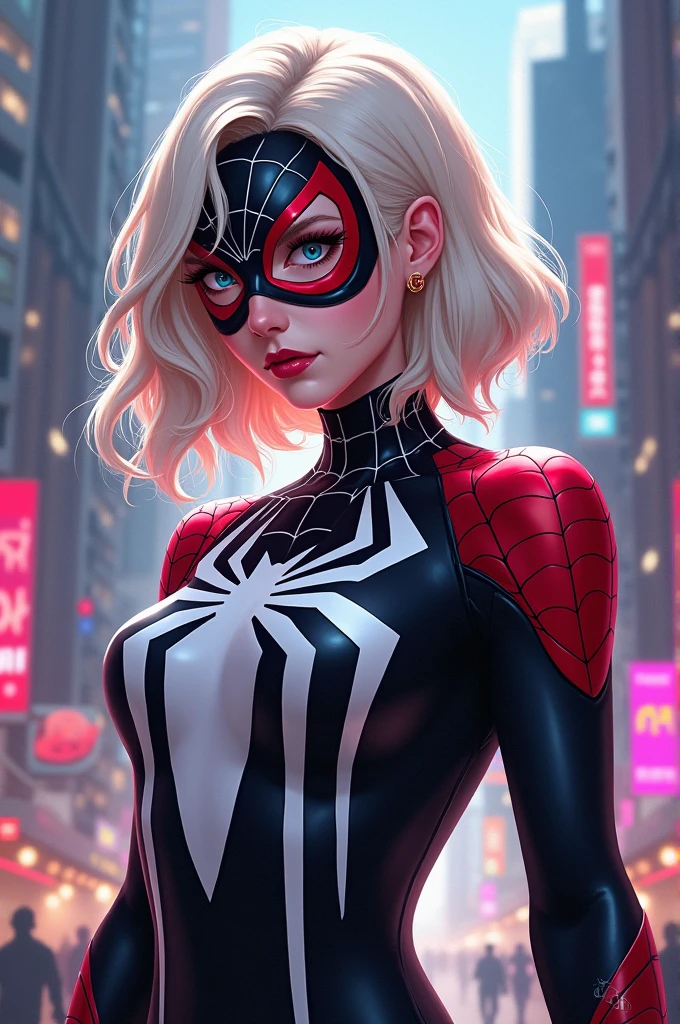 Make an image of artist and singer Sabrina Carpenter wearing a Marvel Spoder-Gwen costume
