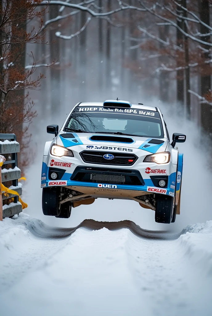 A dynamic action shot captures a Subaru rally car in mid-air while performing a jump on a snowy, forested track. The vehicle, predominantly white with sky blue accents, features multiple sponsor logos including 'Royal Purple', 'PIAA', 'Hermont SportsCar', 'DMACK', and 'ECKLER'. The Subaru logo is prominently displayed above the front grille, and 'RALLY RACING' is written across the windshield in white. Bright headlights illuminate the snowy scene, creating a high-contrast effect against the falling snow. The car's front bumper displays 'Royal Purple' and 'ECKLER' logos, with 'PIAA' visible on the side. The background consists of leafless trees covered in snow, with branches laden with rust-brown foliage adding texture to the wintry setting. A metal fence with horizontal bars stretches across the left side of the image, partially wrapped with yellow caution tape. The snow-covered ground below the car is visibly disturbed by its tires, with a dusting of snow visible on the surface. The scene is filled with a flurry of falling snowflakes, emphasizing the harsh winter conditions. The lighting is natural daylight, slightly diffused by the overcast sky, which enhances the stark contrast between the white snow and the car's colors. The overall composition creates a sense of speed and intensity, capturing the thrill of rally racing in a wintry forest environment.