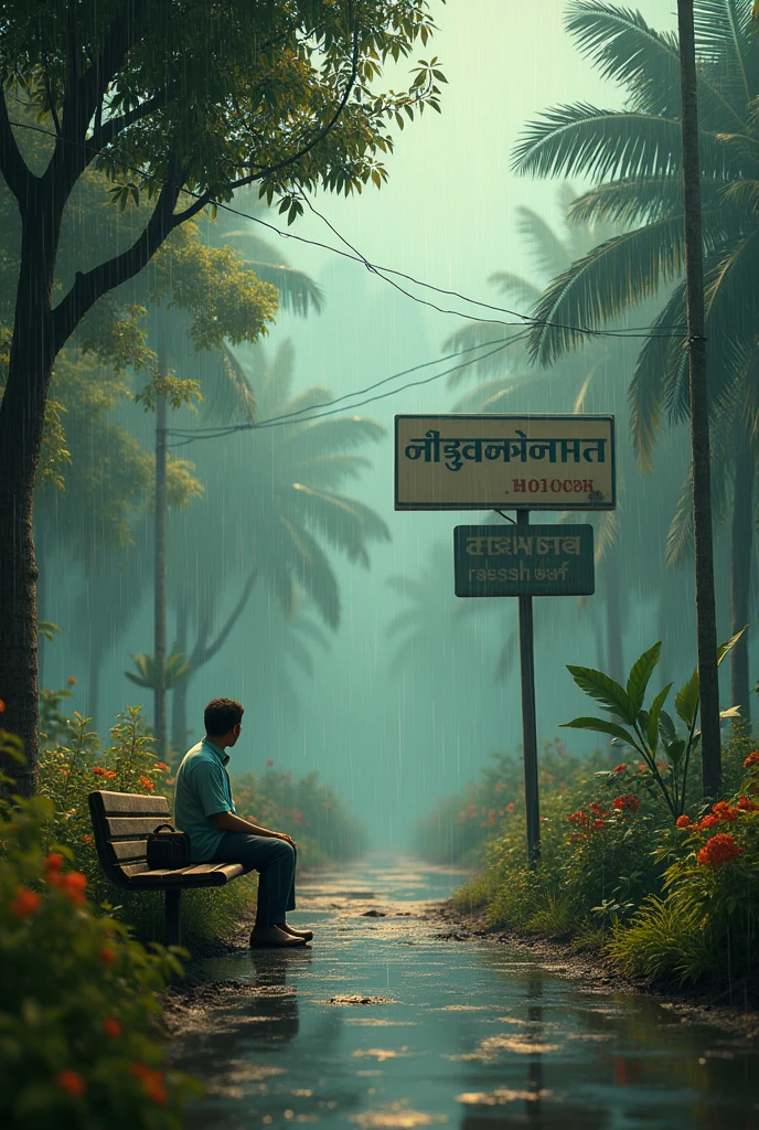 "Create a cinematic Full Hd" Create a beautiful village whose name should be Garahatha Khurd. The name of the village should be visible on the board and a man is sitting with a bag waiting for the bus. There should be rain all around. There should be flowers, trees and plants all around.