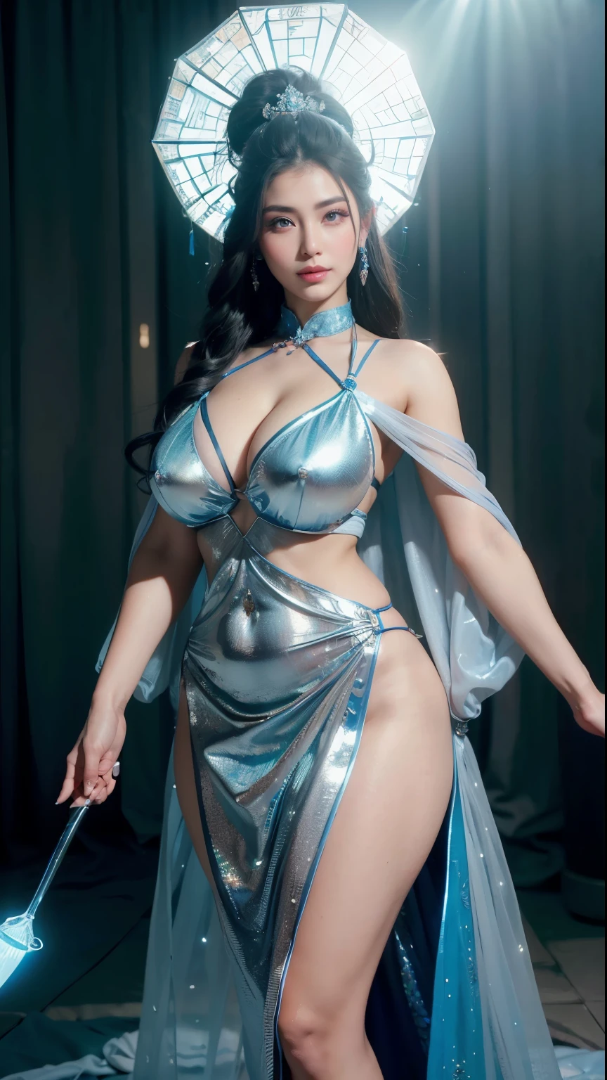 A luminous Chinese beauty from ancient dynasties (221 BCE - 220 CE) stands majestically against a neutral background, her vibrant white-blue twotone attire radiating an otherworldly aura. David Lachapelle's lens captures the frozen moment of her polished body, Si-fi graphics luminescent attire, and captivating gaze meeting the camera with unflinching intensity. reflected light liquid metal fabric attire, 8K resolution reveals razor-sharp features, high-contrast details, and Traditional Chinese hairstyles, while a subtle sheen on her lips hints at the application of Traditional lipstick, spiritual cosmic to realistic, reflected light Glass hair pin , full body, she smiles