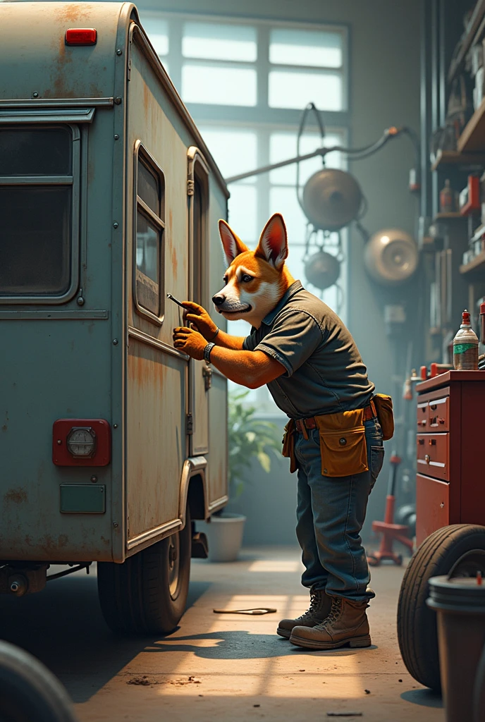 A MECHANIC WHO SEEMS TO BE CHECKIN' A TRAILER, BUT IT LOOKS MORE HUMANIZED
