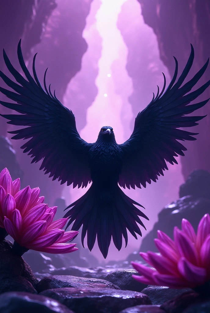 Raven on the side with wings spread out in the center, with a background only with purple fan-shaped crystals
