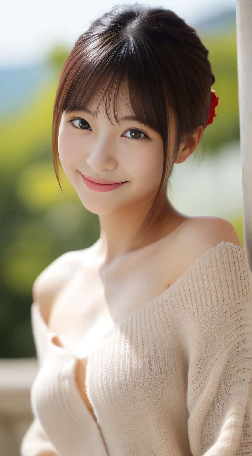 masterpiece,best quality,(Japanese girl),((Beautiful girl)),cleavage,(off shoulder:1.2),(perfect body beauty:1.2),(shy smile),From slightly above