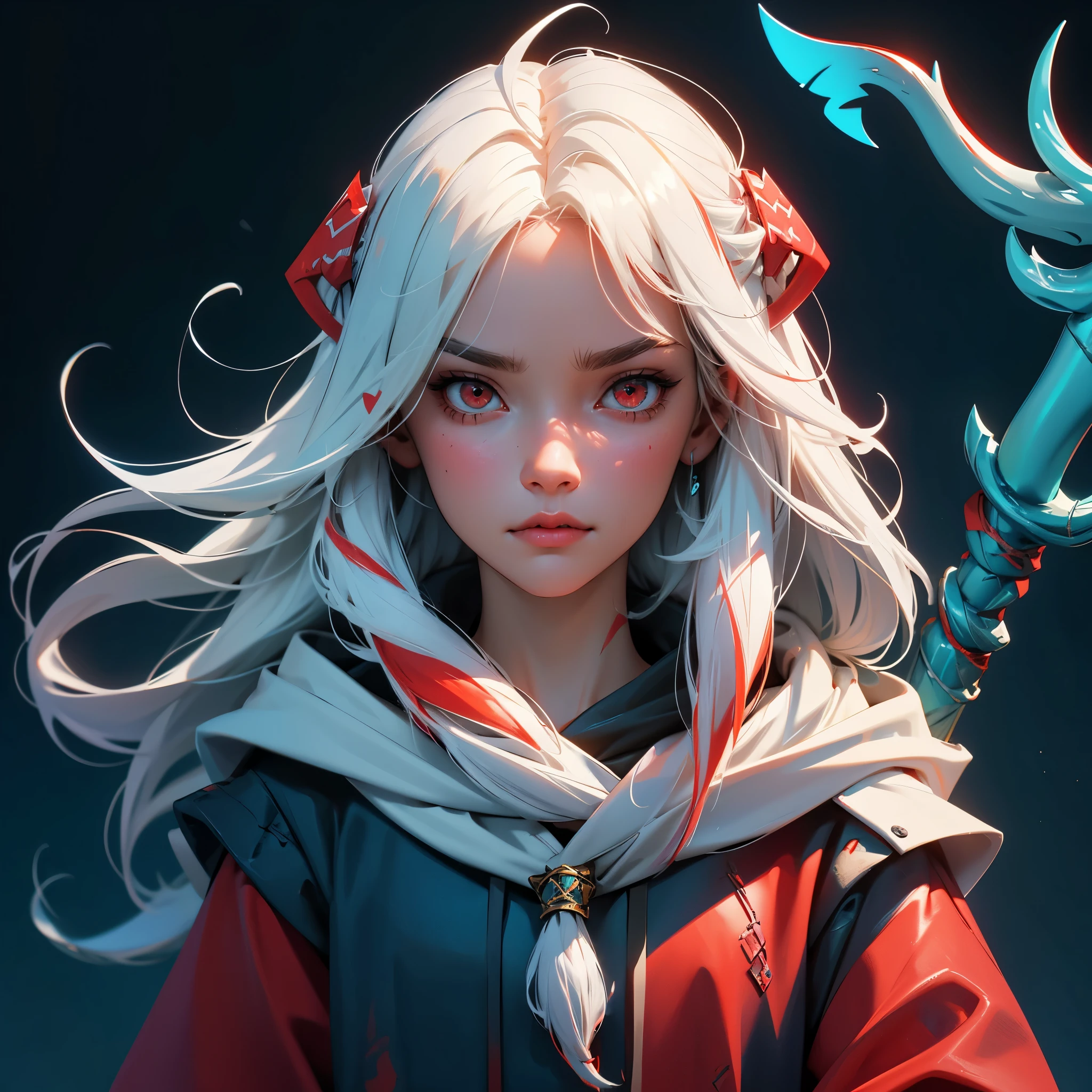 envision a 8k, highres, cinematic, close up portrait of a short and evil Atlantean girl named Gawr Gura with shoulder length white hair with red highlights and red eyes in a blue shark hoodie holding Poseidon's trident against a dark gray background