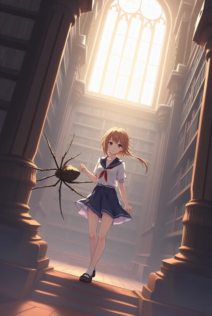 an anime picture of a girl in a library with a spider, anime style, from girls frontline, fine details. girls frontline, girls frontline universe, girls frontline style, girls frontline, girls frontline cg, soft anime illustration, 2 0 2 2 anime style, 2022 anime style, pretty anime character design, render of april, pixiv contest winner, from cryptid academia, insect trainer girl, borne space library artwork, arachne, in a library, librarianinside a castle library, castle library