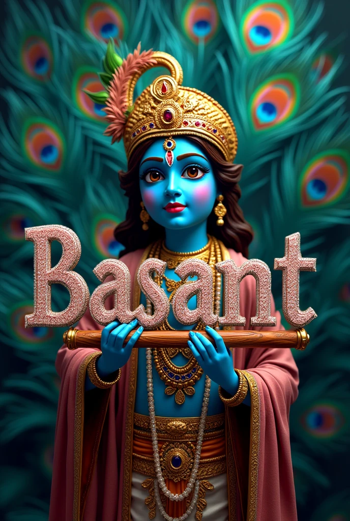 Write name Basant in  stylish diamond coating letter with background of peacock feathers with krishna holding flute 