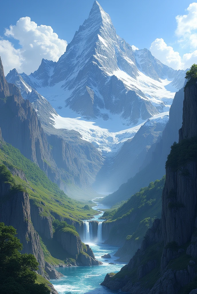Generate dramatic mountain vistas with snow-capped peaks, cascading waterfalls, and lush valleys