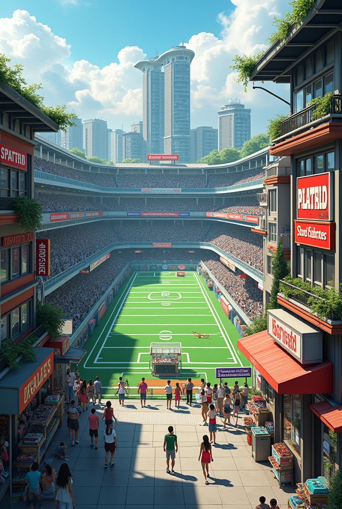 Three football fields are located near a football board game shop, a model collector's shop, art toys, football players, football club sportswear shops, national team clothing shops, and sportswear shops. All three shops are located near each other.