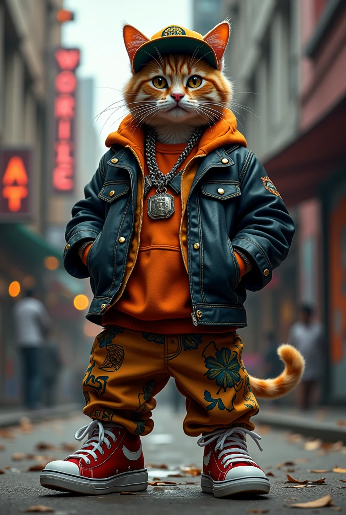 Cat、Rapper style clothing　background　Real