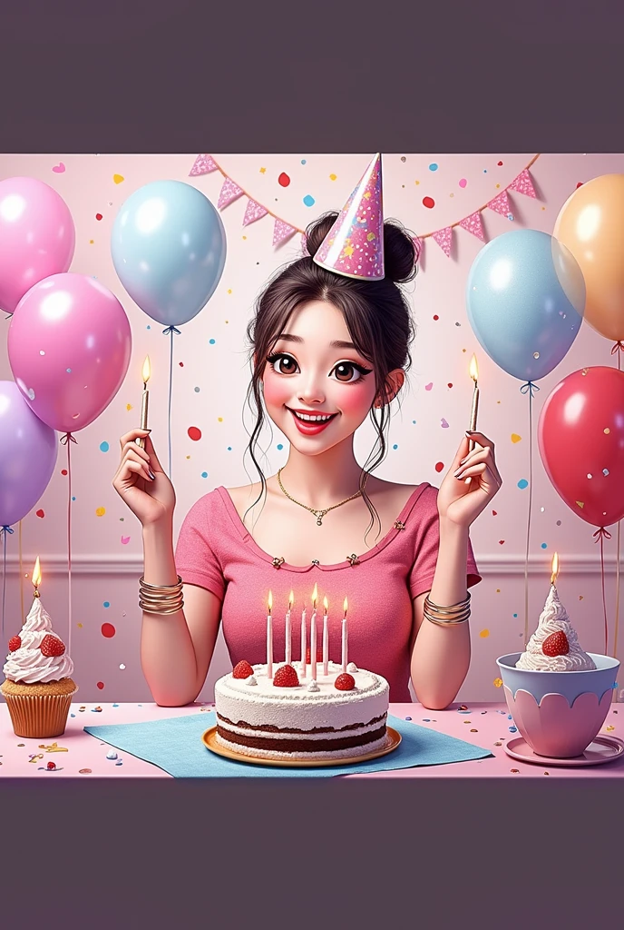 Jocelyn, a happy birthday girl, beautiful detailed eyes, beautiful detailed lips, extremely detailed face and portrait, birthday cake, birthday balloons, colorful birthday decorations, party hat, confetti, smiling, joy, cheerful expression, bright colors, vibrant, dynamic, (best quality, 4k, 8k, highres, masterpiece:1.2), ultra-detailed, (realistic, photorealistic, photo-realistic:1.37), hyperrealistic, cinematic lighting, professional photography, vibrant colors, intricate details.