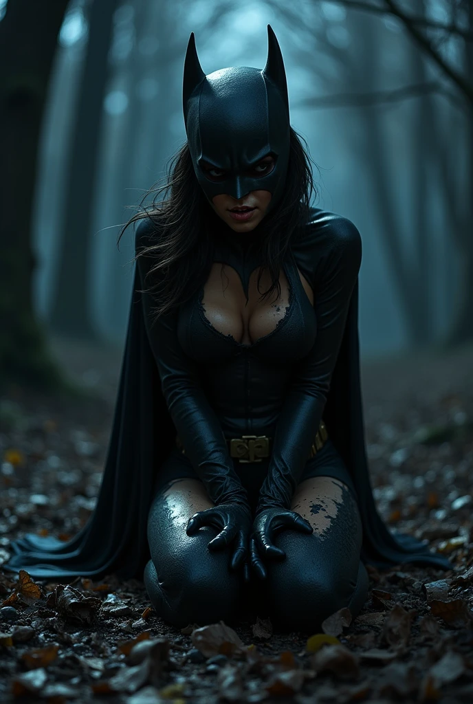 Midnight, Batgirl from DC Comics crying, tears on her face, cleavage, Torn clothes after combat, desperate, head down looking at her hands, defeated, furious, crying, frustrated and disappointed , desires for revenge in her gaze, on her knees, in a creepy black woods, at night, scary mood, cinematic dark light, deep night, ripped clothing, full body, alert , beware of danger, hd, ultra realistic, hyper detailed, Todd McFarlane