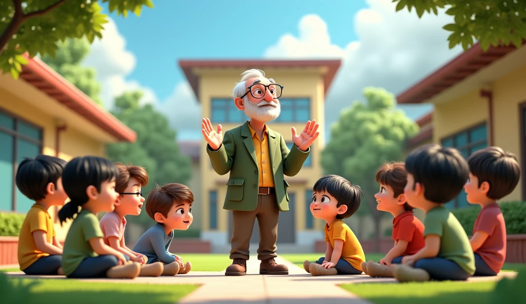 Need a 3d animation style, Ramu sharing his life lessons with younger children in a schoolyard, who listen intently and with admiration