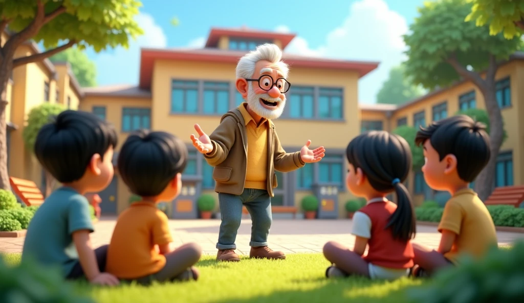 Need a 3d animation style, Ramu sharing his life lessons with younger children in a schoolyard, who listen intently and with admiration