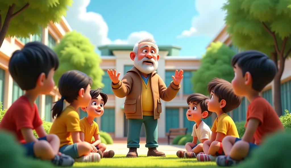 Need a 3d animation style, Ramu sharing his life lessons with younger children in a schoolyard, who listen intently and with admiration