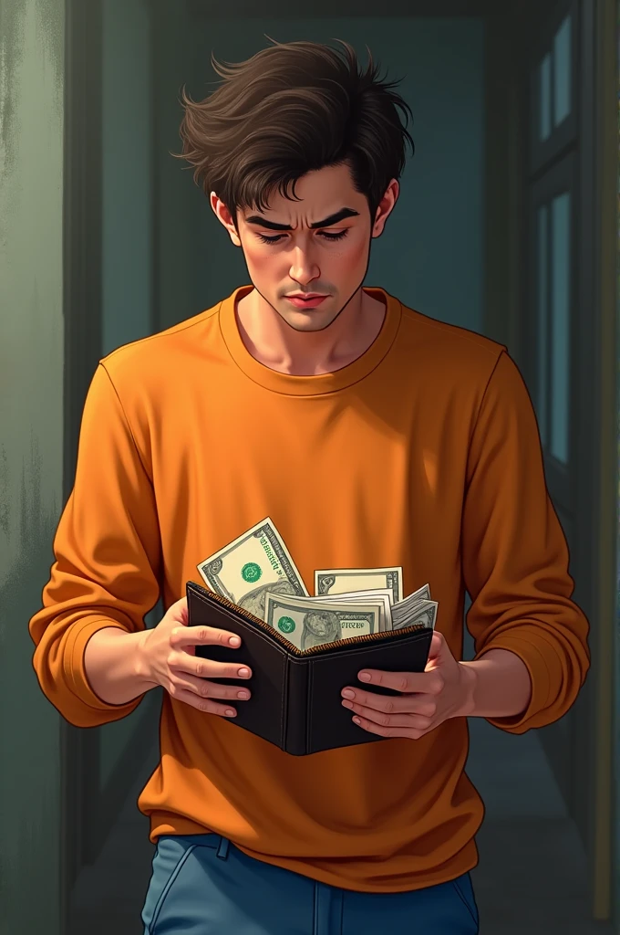  Andrés opens his wallet and sees the money along with his personal documents.. Temptation and worry are reflected on his face.. Andrés is a young man who wears orange clothes and blue pants. 