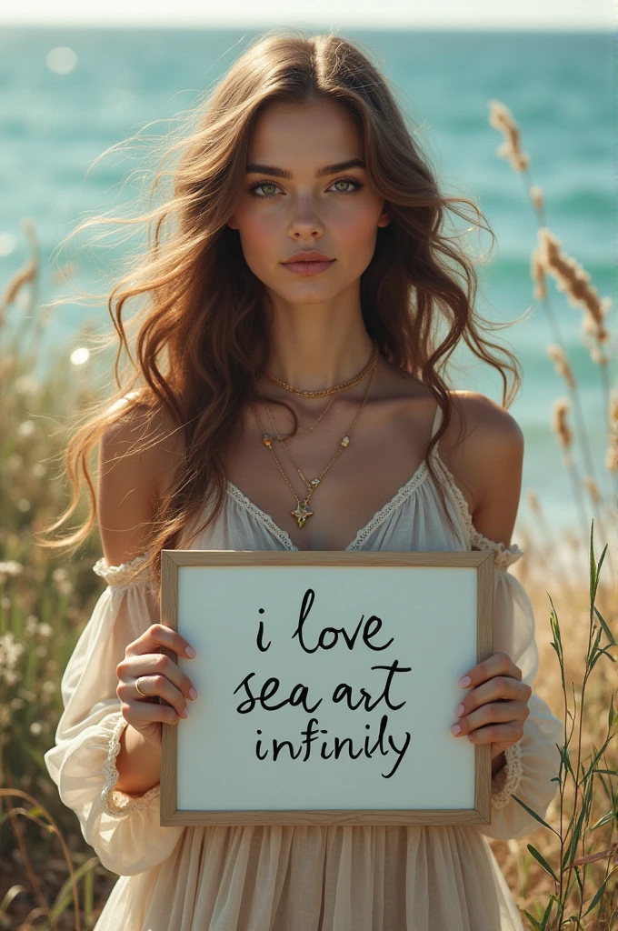 Beautiful girl with wavy long hair, bohemian dress, holding a white board with text "I Love Seaart Infinity" and showing it to the viewer