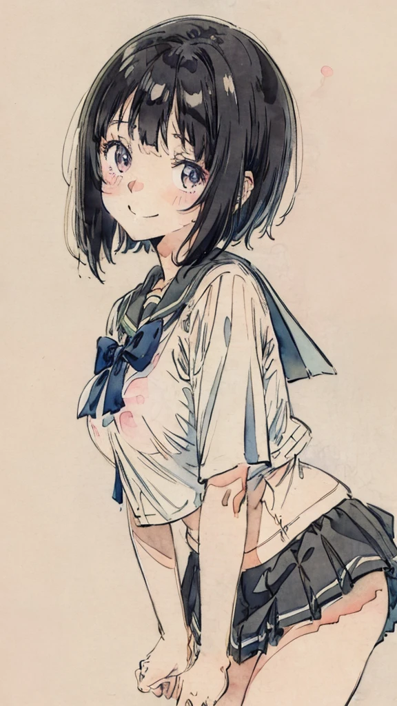 Watercolor style、pale colour、Hand-drawn style、high school girl、smile、Embarrassed、blush、Black Hair、Short Twin Tails、Big Breasts、Black Sailor Suit、skirt、Pure white underwear、Half naked、classroom