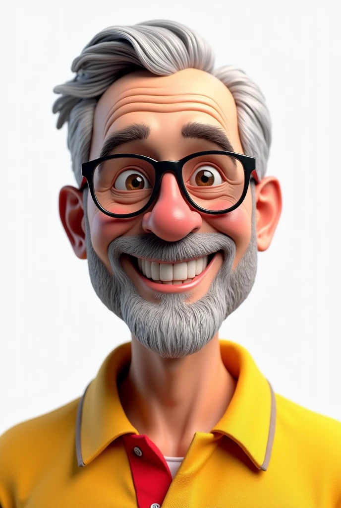 3d image portrait with white background 4 man white color gray hair brown beard glasses large curly text yellow polo shirt with red collar well shaped 
