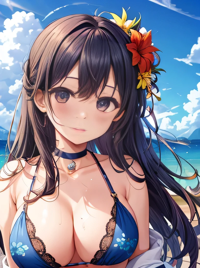 big boob, cleavage, sheer blouse, see, see through bikini, flower, sweaty, cute face, small face, summer, long hair, red hair, pony tail, girl, sweaty, blue ocean, blue sky