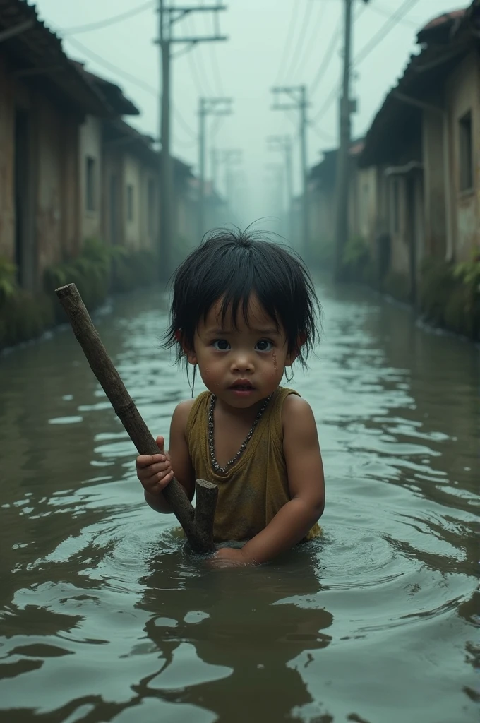 A is hungry and crying holding a stick in the flood water