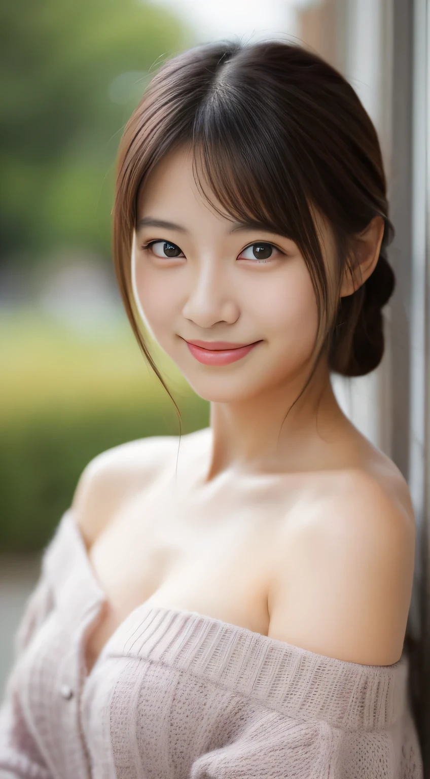 masterpiece,best quality,(Japanese girl),((Beautiful girl)),cleavage,(off shoulder:1.2),(perfect body beauty:1.2),(shy smile),From slightly above