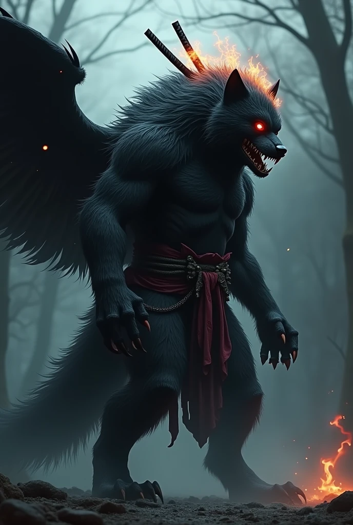 black werewolf,gigant ass , Profile, kamishimo, two katanas, black wings, back of head on fire.