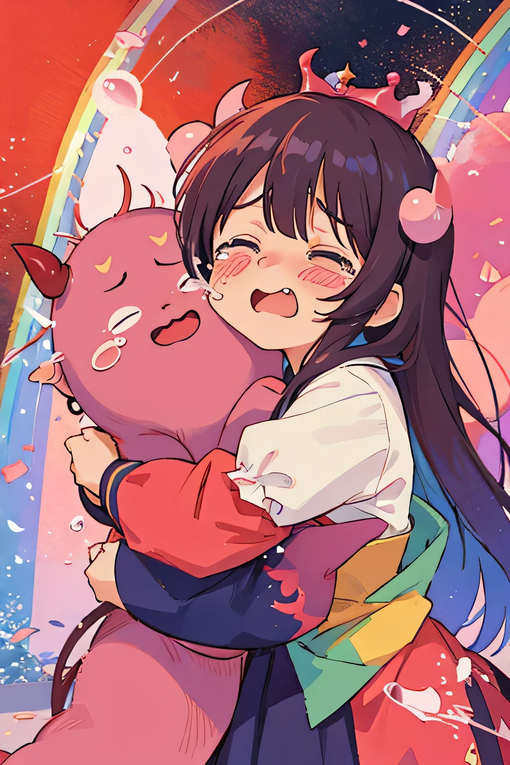 Momoko Sakura colorful style, Kawaii Design, (((Hug with the Demon King))), (((Big tears))), (((rainbow))),