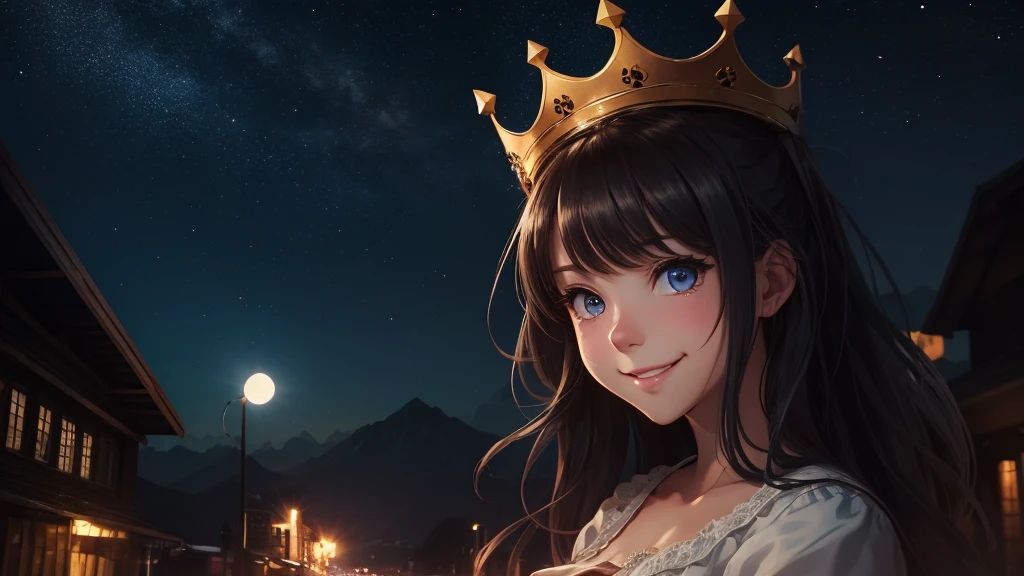 best quality, high_resolution, distinct_image, detailed background ,girl, random wear,flower, night sky,dutch angle, wide shot,shy smile, crown,  