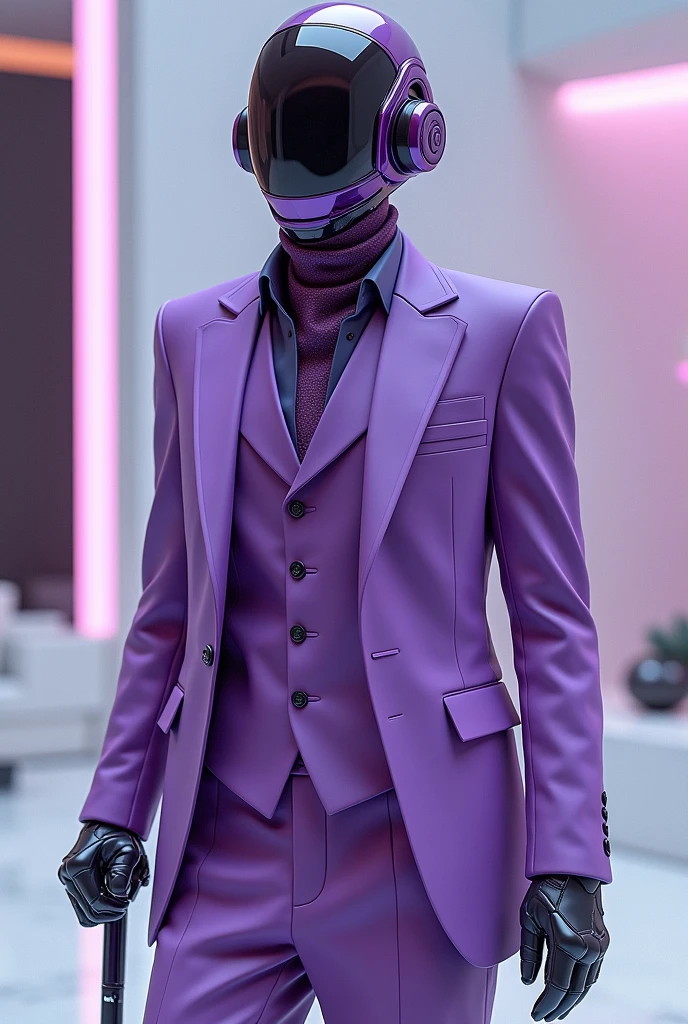  wearing a comfortable suit, gloves, vest, and headset. the collar has a scent device and holding special cane. generate a very ai and the theme is violet 