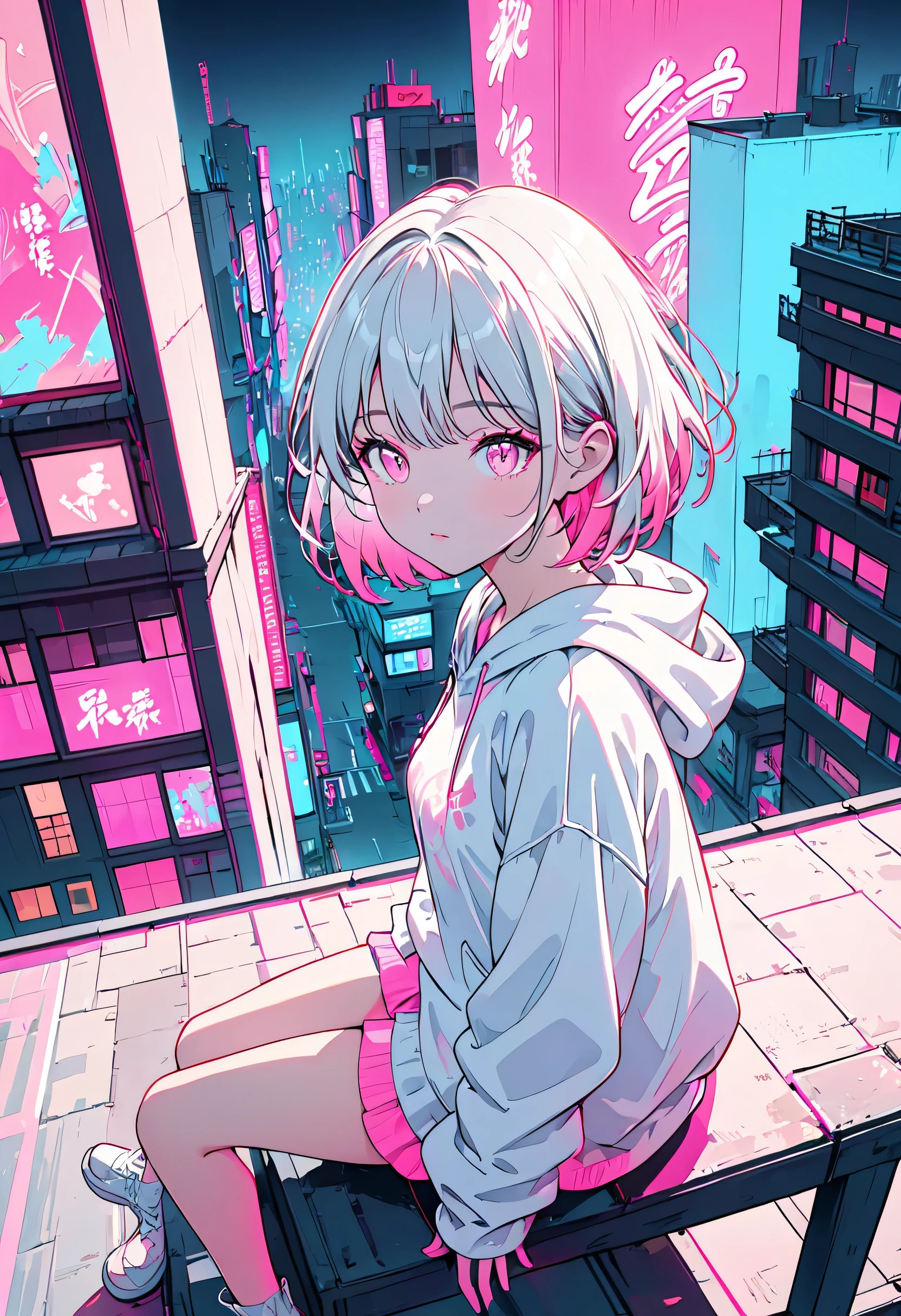 masterpiece,Highest quality,1 Synthwave style girl,Pink Outline,Neon lit street,Pink fluorescent paint,alone,From above,Cowboy Shot,Sitting on the roof of a building,Highly detailed CG,Flat Color,Limited edition palette,No Line Art,silhouette,Partially colored,Alternative color,Dynamic Angle,Pink long top champagne,Pink Shadow,Synthwave,chromatic aberration,(alone focus),Perfect Shadow,Wearing a white hoodie,Delicate face,,Beautiful and delicate eyes,White Hair,Short Bob Hair,Delicate background,dark pink neon lights,Around ,About 150 tall