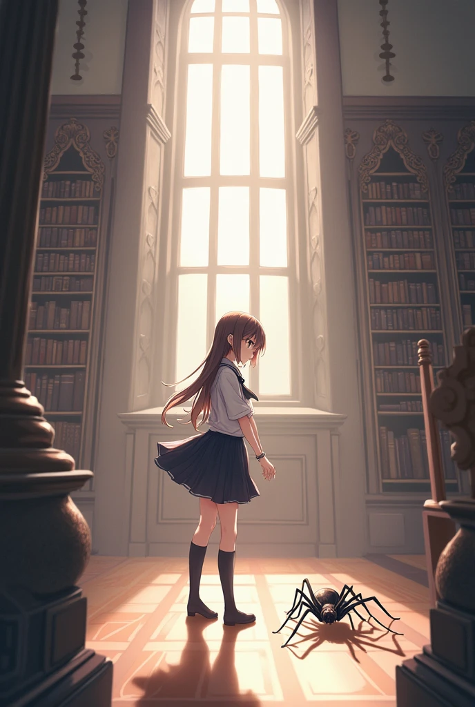an anime picture of a girl in a library with a spider, anime style, from girls frontline, fine details. girls frontline, girls frontline universe, girls frontline style, girls frontline, girls frontline cg, soft anime illustration, 2 0 2 2 anime style, 2022 anime style, pretty anime character design, render of april, pixiv contest winner, from cryptid academia, insect trainer girl, borne space library artwork, arachne, in a library, librarianinside a castle library, castle library