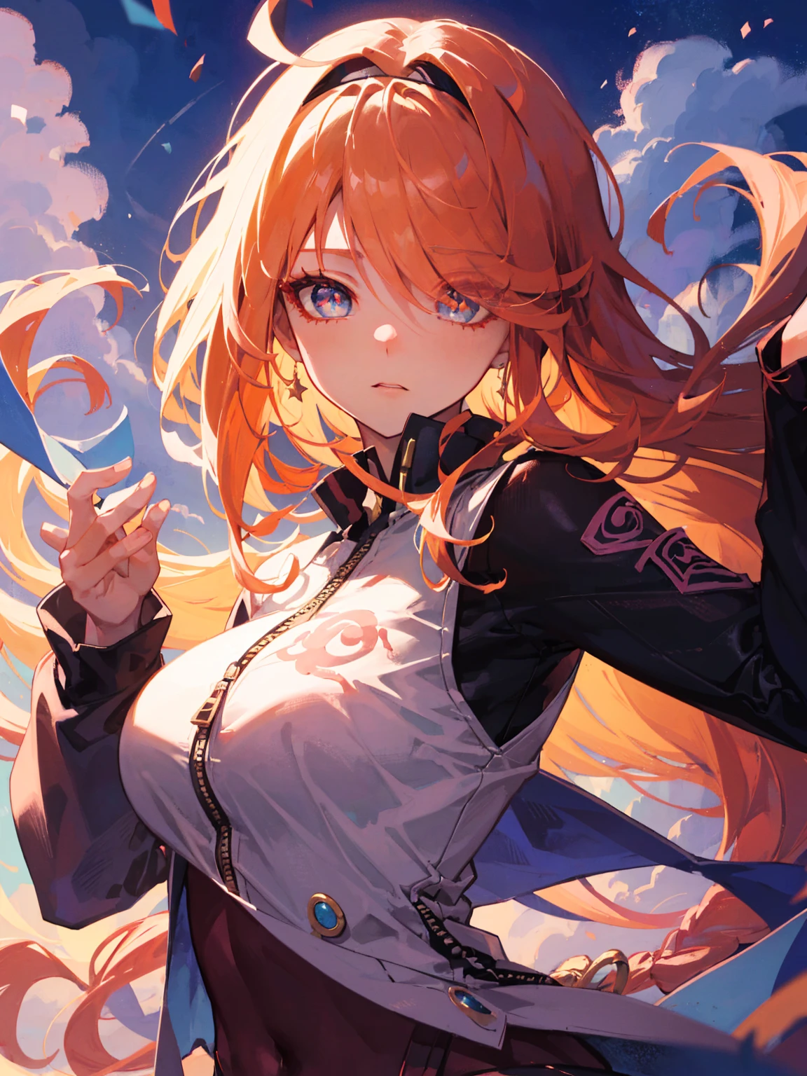 anime gir long hair, anime visual of a cute girl, anime style. 8k, pin on anime, anime vibes, anime style 4 k, anime moe artstyle, anime aesthetic, anime girl desktop background, anime visuals, anime girl with real hair, ethereal anime, anime girl with long hair, beautiful anime portrait , anime , naruto, naruto anime, sharingan background, night time, dark, sharingan, wearing naruto headband, zipper, open zipper, high collared suit, (cloud pattern:1.3), (red clouds:1.3), (exquisite details), (red garments), no sleeve, sleeveless, (extremely long hair:1.4), (long wavy hair:1.4), perfect breasts, round breasts, dynamic pose, perfect body, perfect anatomy, detailed iris, sparkle eyes, star in eyes, enchanting red eyes, (multicolored eyes), (orange hair:1.3), (long hair:1.3), (hair between eyes), (hair over one eye:1.3), (floating hair:1.3)
