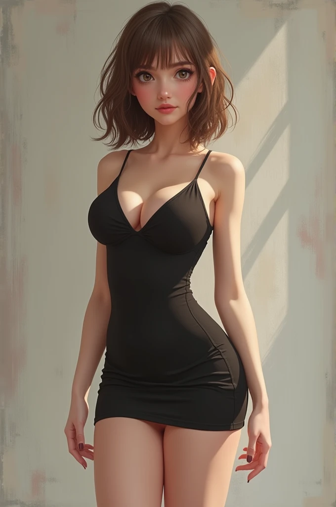 A , light brown hair, close-fitting clothes, bodycon dress, busty, seductiv, realisitic, best qualityer, Masterpiece artwork, thick-thighs, standing alone