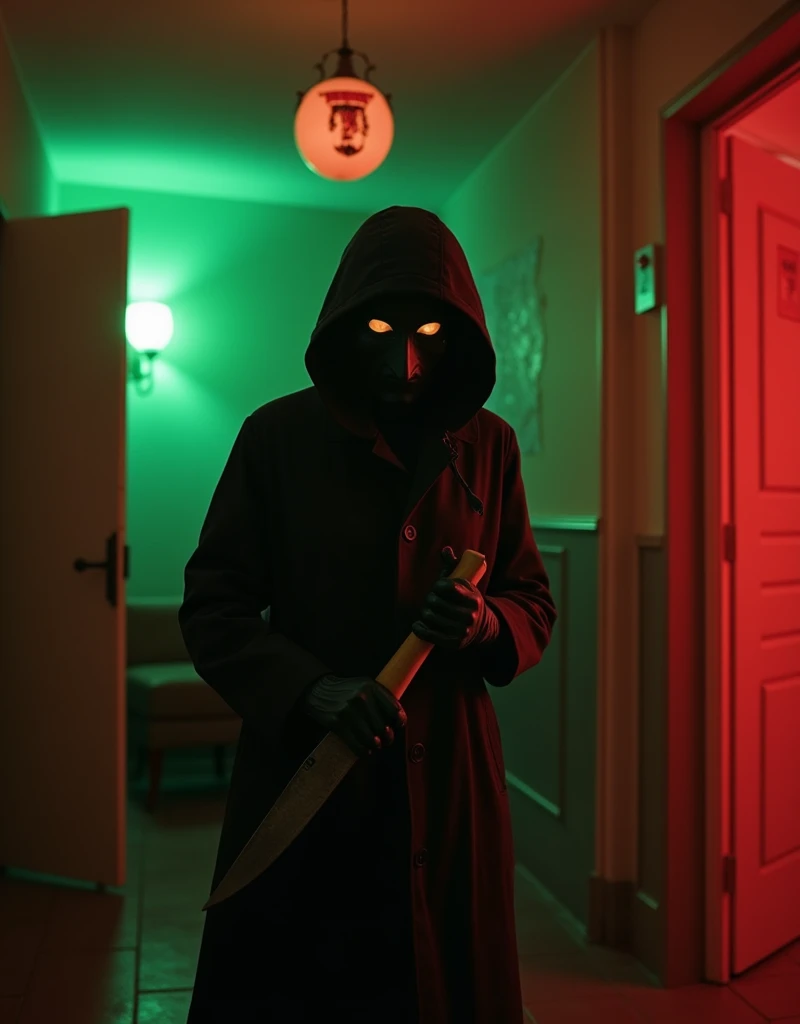 Masterpiece, Best picture quality, Extreme vividness, strong visual impact, light and shadow contrast, super texture, super clear picture, simple picture,Italian girl, serial killer, giallo horror aesthetic, black gloves, black rain coat, black surgical mask, kitchen knife, dead woman, blood, hotel room, neaon sign outside, diffused green and red background lights, Technicolor, cinematic lighting, European fumetti vibe, Horror vibe, lurid vivid colors, HD, 8x, Best quality,