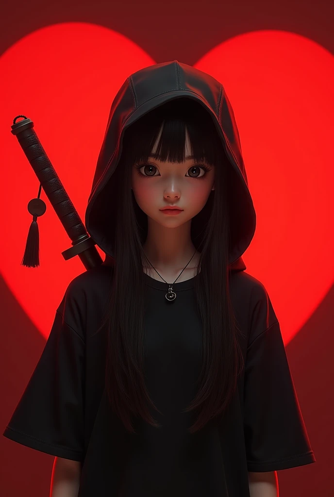 A girl with black t-shirt and hood, long straight hair, big eyes, small necklace, ninja hat, red heart, bright red heart background, Disney style, highly detailed, photorealistic, 8k, cinematic lighting, warm color palette, masterpiece and swords on the back like a ninja and ninja hat