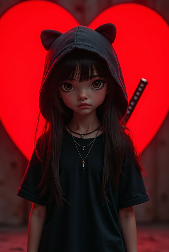 A girl with black t-shirt and hood, long straight hair, big eyes, small necklace, ninja hat, red heart, bright red heart background, Disney style, highly detailed, photorealistic, 8k, cinematic lighting, warm color palette, masterpiece and swords on the back like a ninja and ninja hat