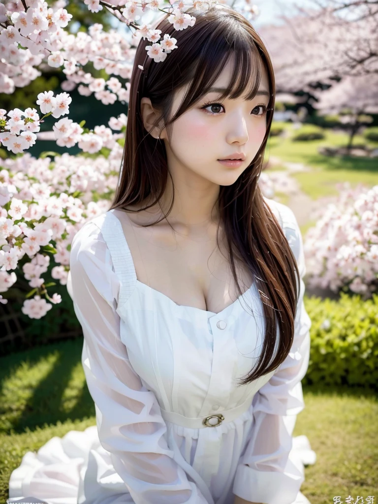 A 1 Japanese girl amidst blooming sakura (cherry blossom) flowers. She should have a youthful and serene beauty, with soft, delicate features that highlight her age. Her hair is styled elegantly, perhaps with a few sakura blossoms tucked into it. She is turned slightly, giving a graceful profile view while her gaze is directed towards the viewer or slightly downward, capturing a gentle and introspective expression. The sakura flowers should be in full bloom around her, with petals softly falling and creating a dreamy, ethereal atmosphere. The background should be a blur of pink and white blossoms, adding to the overall feeling of tranquility and natural beauty.