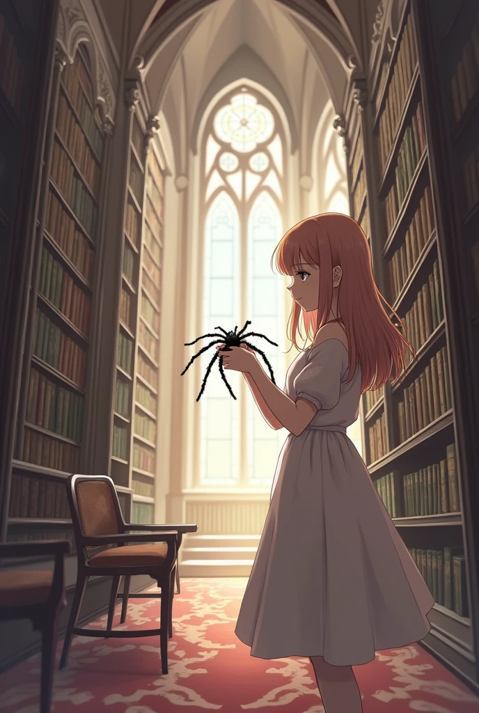 an anime picture of a girl in a library with a spider, anime style, from girls frontline, fine details. girls frontline, girls frontline universe, girls frontline style, girls frontline, girls frontline cg, soft anime illustration, 2 0 2 2 anime style, 2022 anime style, pixiv contest winner, from cryptid academia, insect trainer girl, borne space library artwork, arachne, in a library, librarianinside a castle library, castle library