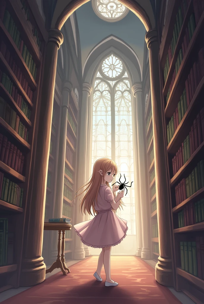 an anime picture of a girl in a library with a spider, anime style, from girls frontline, fine details. girls frontline, girls frontline universe, girls frontline style, girls frontline, girls frontline cg, soft anime illustration, 2 0 2 2 anime style, 2022 anime style, pixiv contest winner, from cryptid academia, insect trainer girl, borne space library artwork, arachne, in a library, librarianinside a castle library, castle library