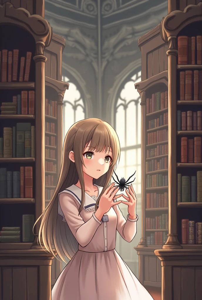 an anime picture of a girl in a library with a spider, anime style, from girls frontline, fine details. girls frontline, girls frontline universe, girls frontline style, girls frontline, girls frontline cg, soft anime illustration, 2 0 2 2 anime style, 2022 anime style, pixiv contest winner, from cryptid academia, insect trainer girl, borne space library artwork, arachne, in a library, librarianinside a castle library, castle library