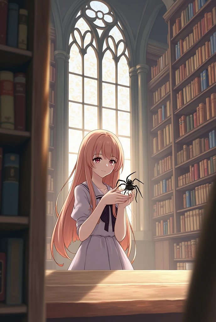 an anime picture of a girl in a library with a spider, anime style, from girls frontline, fine details. girls frontline, girls frontline universe, girls frontline style, girls frontline, girls frontline cg, soft anime illustration, 2 0 2 2 anime style, 2022 anime style, pixiv contest winner, from cryptid academia, insect trainer girl, borne space library artwork, arachne, in a library, librarianinside a castle library, castle library
