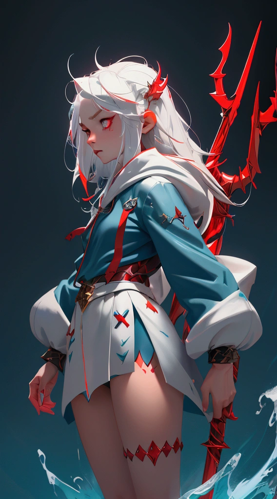 envision a 8k, highres, cinematic, full body design of a short and evil Atlantean girl named Gawr Gura with shoulder length white hair with red highlights and red eyes in a blue shark hoodie holding Poseidon's trident against a dark gray background