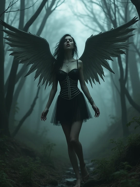 A girl with the image of a fallen angel wearing bone wings and a bone corset, Black Leather Skirt, Flying overhead, Tight panties, dark、Satanic、That's horrible, Many details, Gloomy atmosphere, Very detailed, 8k, Ultra-detailed, masterpiece, in the woods