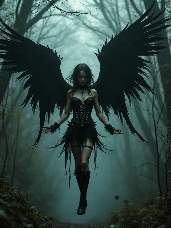 A girl with the image of a fallen angel wearing bone wings and a bone corset, Black Leather Skirt, Flying overhead, Tight panties, dark、Satanic、That's horrible, Many details, Gloomy atmosphere, Very detailed, 8k, Ultra-detailed, masterpiece, in the woods