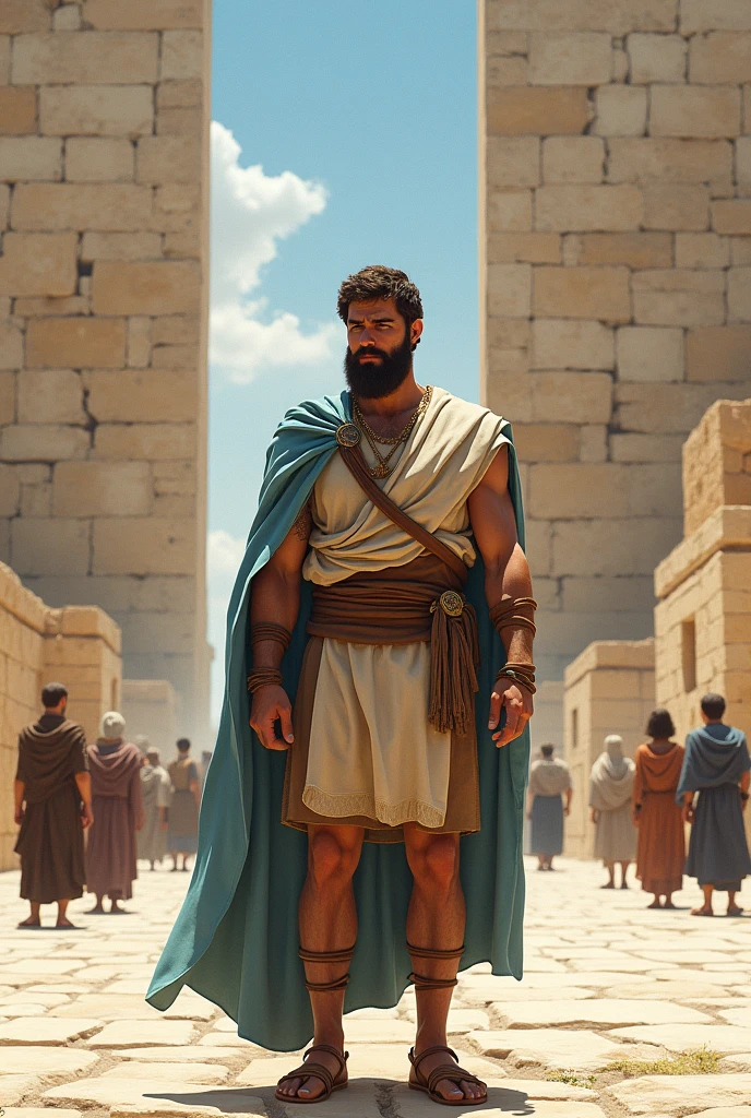 A Caucasian man with a beard and brown hair, thesis clara, dressed in bone-colored tunic, short brown skirt, sandals with strings up to the shins, Sky blue cloak, in front of him there is a large temple with tall, elongated walls of large white-ochre stones, Just like the Wailing Wall and the Jewish Temple of the 1st century, Nearby you can see people in Jewish robes and cloaks from the 1st century. Around there are small stone Jewish houses from 1st century Jerusalem.
