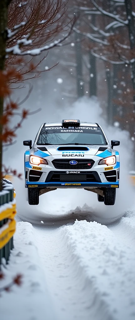 A dynamic action shot captures a Subaru rally car in mid-air while performing a jump on a snowy, forested track. The vehicle, predominantly white with sky blue accents, features multiple sponsor logos including 'Royal Purple', 'PIAA', 'Hermont SportsCar', 'DMACK', and 'ECKLER'. The Subaru logo is prominently displayed above the front grille, and 'RALLY RACING' is written across the windshield in white. Bright headlights illuminate the snowy scene, creating a high-contrast effect against the falling snow. The car's front bumper displays 'Royal Purple' and 'ECKLER' logos, with 'PIAA' visible on the side. The background consists of leafless trees covered in snow, with branches laden with rust-brown foliage adding texture to the wintry setting. A metal fence with horizontal bars stretches across the left side of the image, partially wrapped with yellow caution tape. The snow-covered ground below the car is visibly disturbed by its tires, with a dusting of snow visible on the surface. The scene is filled with a flurry of falling snowflakes, emphasizing the harsh winter conditions. The lighting is natural daylight, slightly diffused by the overcast sky, which enhances the stark contrast between the white snow and the car's colors. The overall composition creates a sense of speed and intensity, capturing the thrill of rally racing in a wintry forest environment.