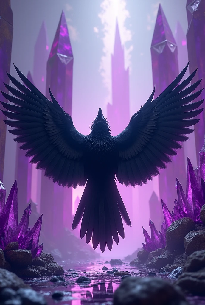 Raven with outstretched wings in the center, with a background only with purple crystals