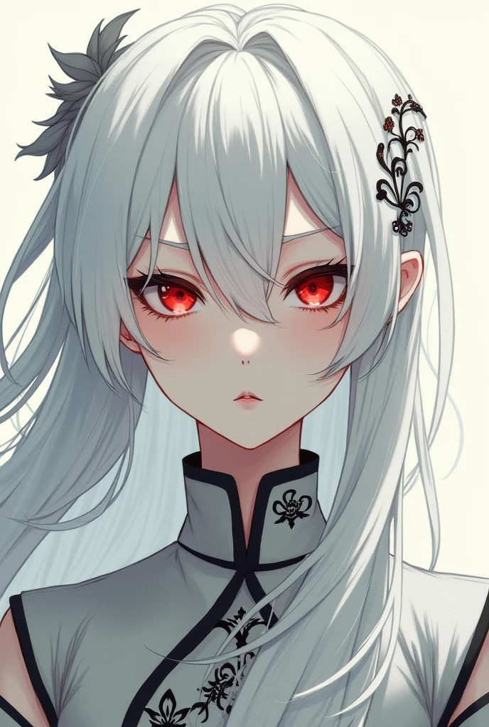 A white-haired woman with red eyes and simple clothes and an unpredictable facial expression anime artA white-haired woman with red eyes and simple clothes and an unpredictable facial expression anime art Chinese-style clothing