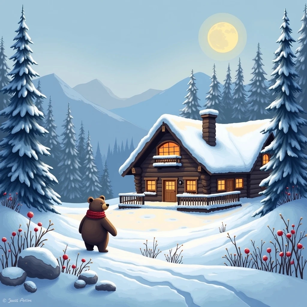Snow, lodge, bear, Scenery, 